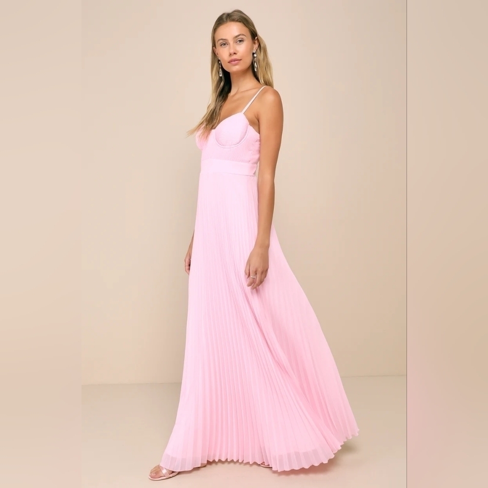 Lulus Certainly Lovely Light Pink Pleated Bustier Maxi Dress Wedding Party Prom - Picture 3 of 8